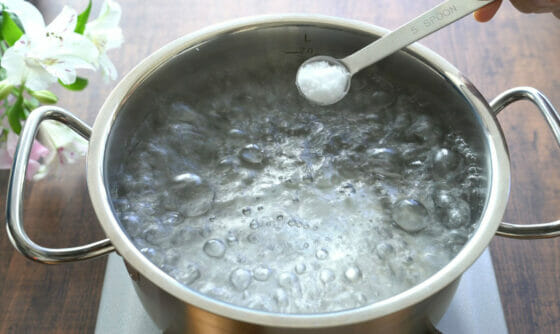 沸騰した湯に塩を加える