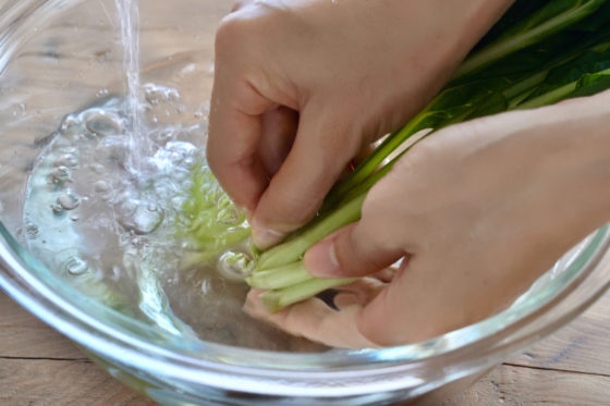 小松菜の根元に付いた汚れを指でこすり洗いする