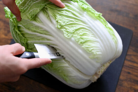 こんなに簡単！白菜丸ごとの切り方。切れ目を入れて手で裂くとラクチン。