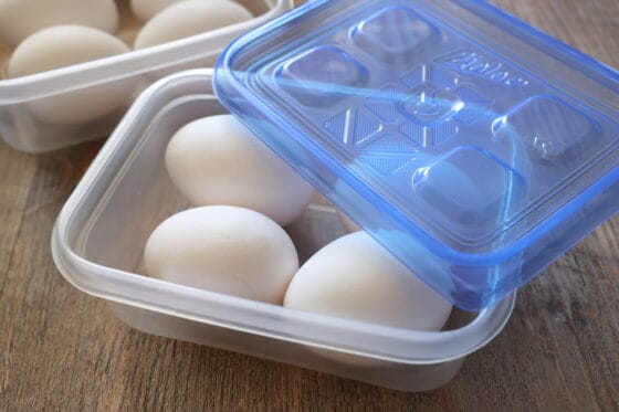 ゆで卵を殻つきのままタッパーに入れて冷蔵保存