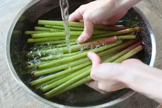 野ぶきの茎を洗う