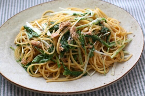 水菜ツナパスタのレシピ｜バター醤油と柚子胡椒が香る、軽やかな和風パスタ