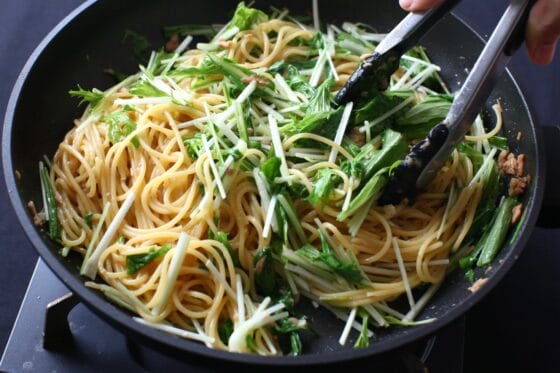 水菜ツナパスタの完成