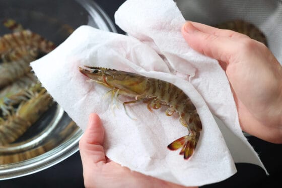 有頭えびの水気を拭き取る