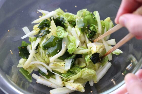 白菜とわかめと白ごまを調味液で和える