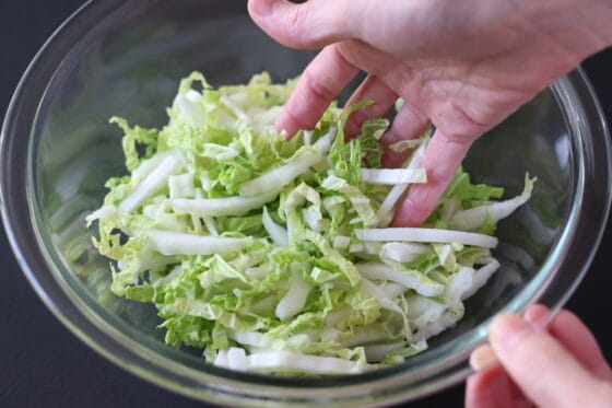 塩をまぶした白菜をボウルでなじませる