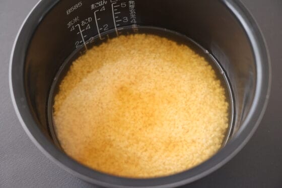 調味料と水を入れた炊飯器の中の米