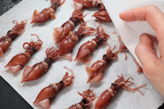 ホタルイカの水気をキッチンペーパーで拭く