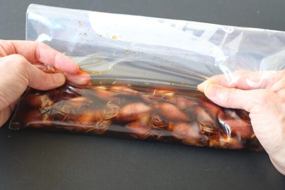 空気を抜いて保存袋を閉じて漬け込む